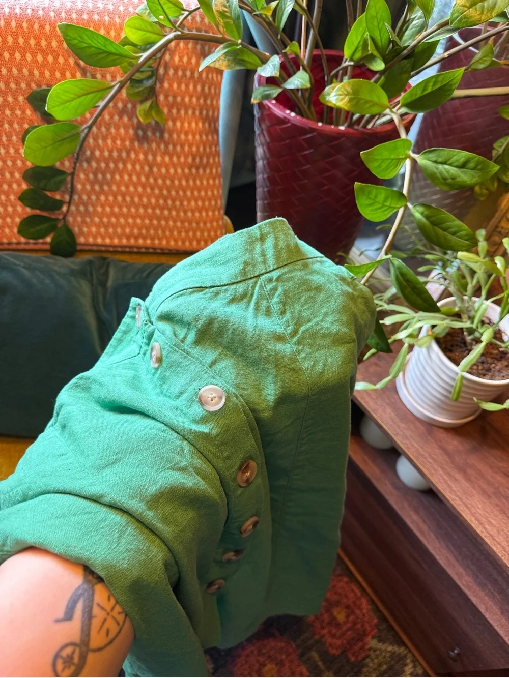 Green Linen Buttoned Midi Skirt w/ Pockets